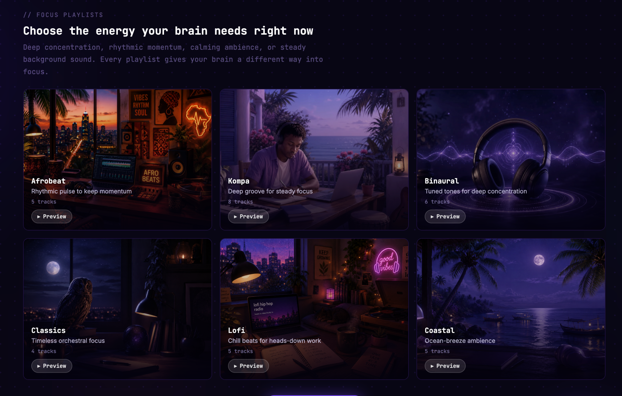Flowspace Focus playlist library with Afrobeat, Kompa, binaural, classical, lofi, and coastal focus sounds