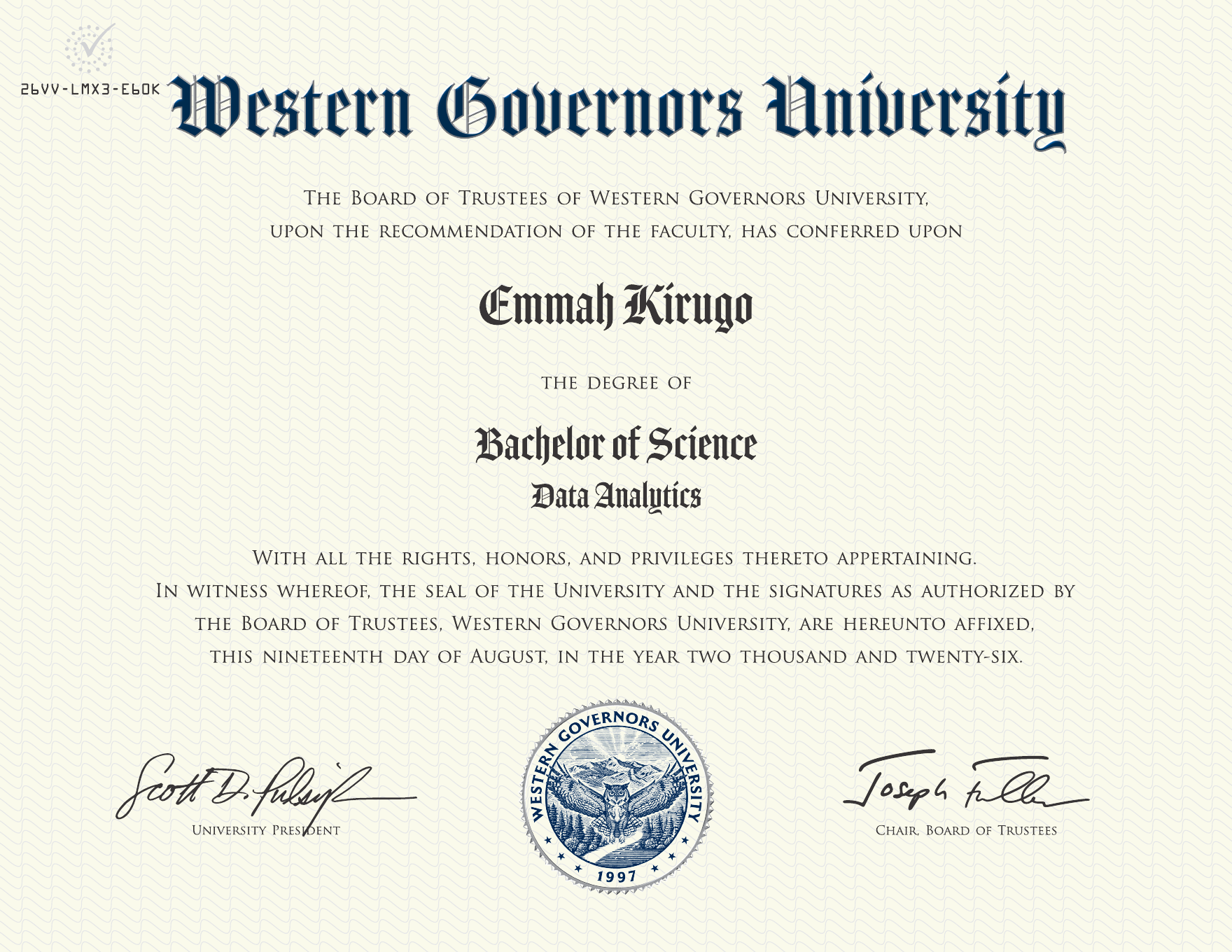 Western Governors University Bachelor of Science in Data Analytics graduation certificate
