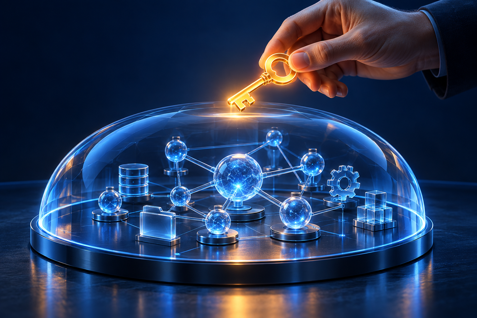 A hand holding a glowing key over an AI workspace enclosed by a protective boundary