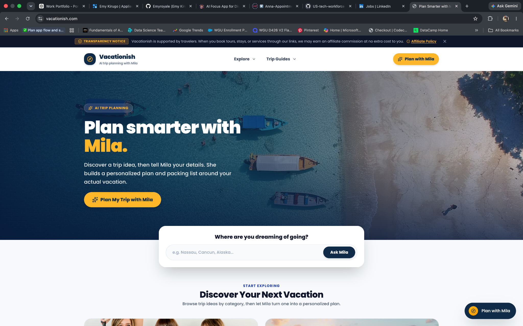 Vacationish homepage showing Mila, the AI travel planner