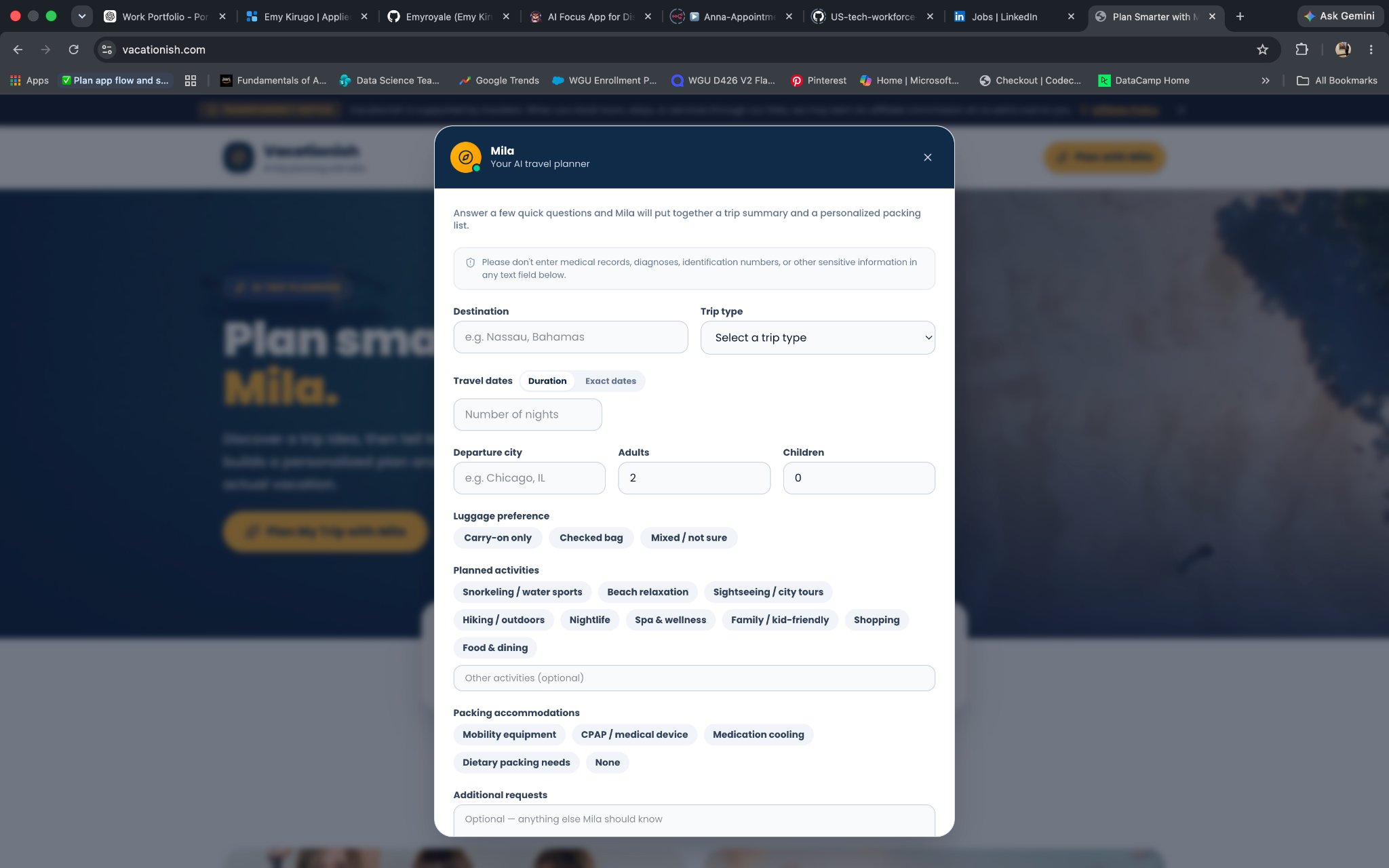 Mila structured travel intake for destination, dates, activities, luggage and packing accommodations